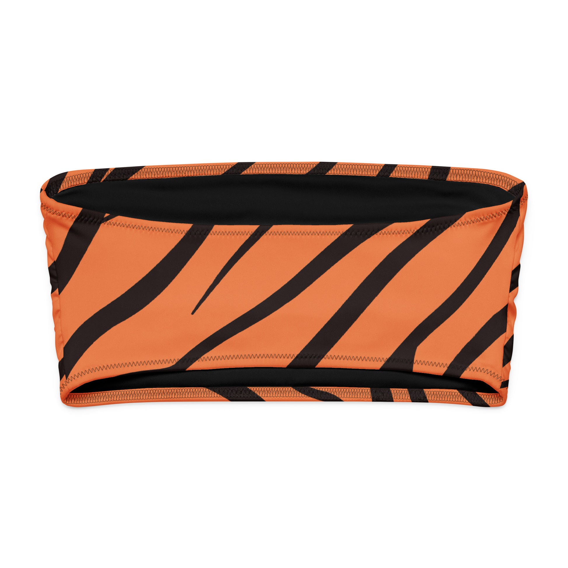 Back of bandeau bikini top with a tiger skin pattern.