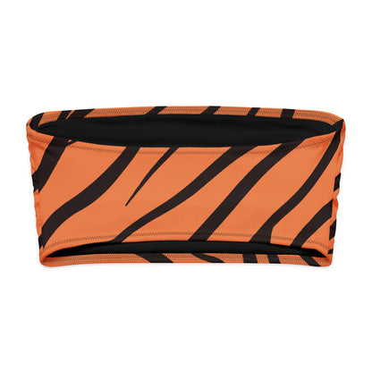 Back of bandeau bikini top with a tiger skin pattern.