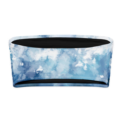 Back of bandeau bikini top with a blue-white, watercolor-like design.
