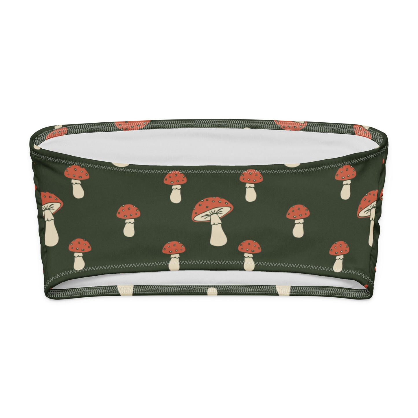 Back of bandeau bikini top with all-over design of mushrooms set on a dark-green background.