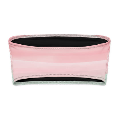 Back of bandeau bikini top with colors light pastel green, shades of pink, in stripes and in a watercolor style.