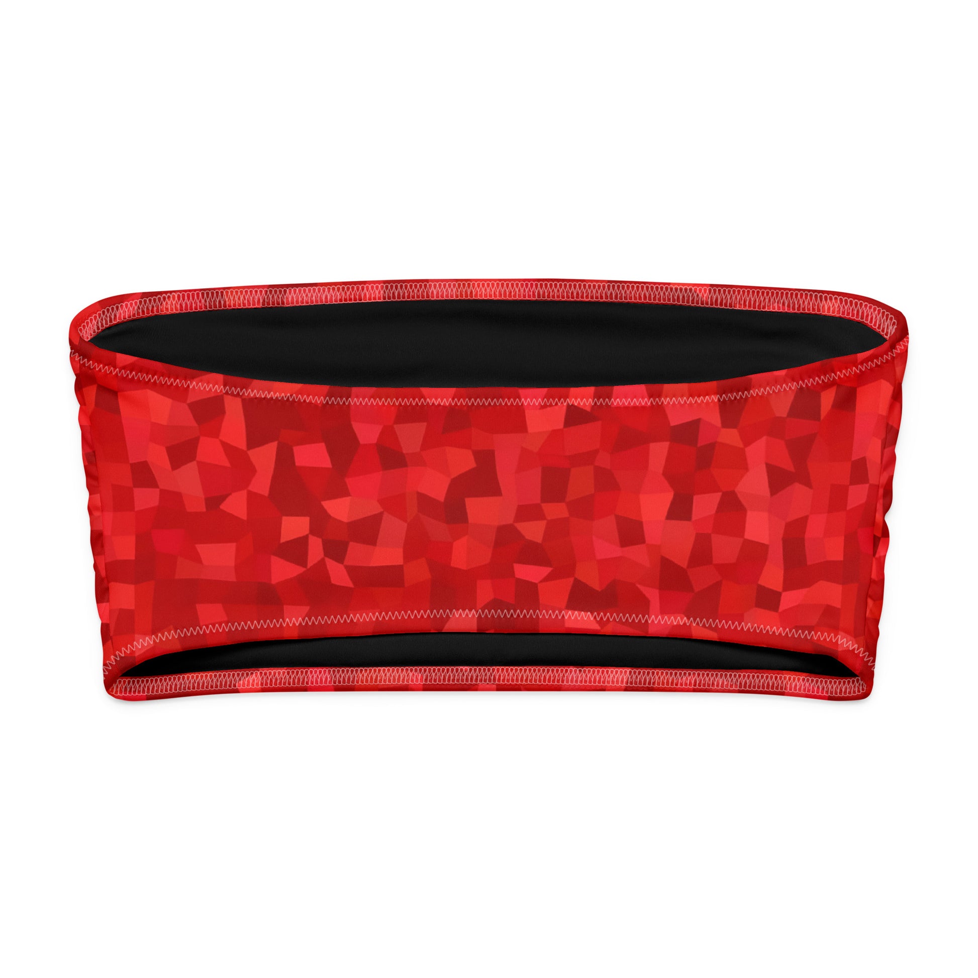 Back of bandeau bikini top with red geometric pattern.