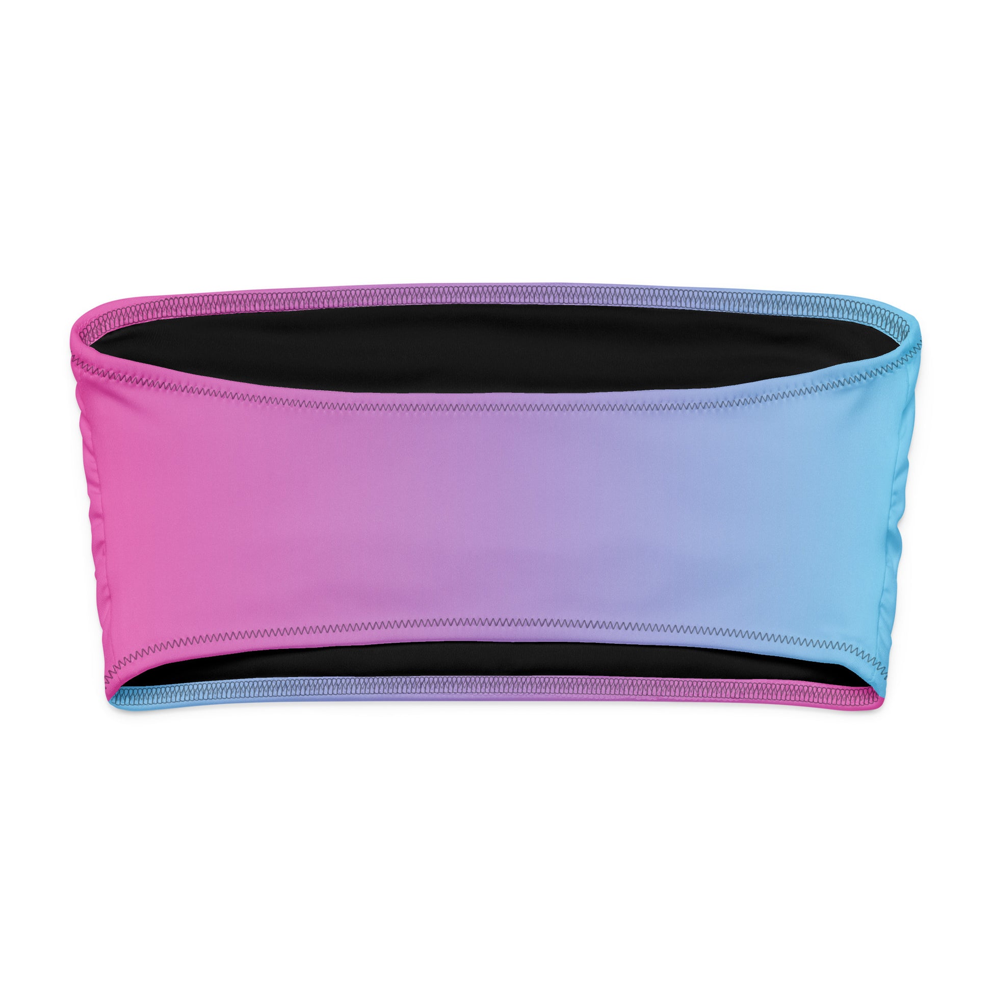 Back of bandeau bikini top with a pink-to-blue color pattern.