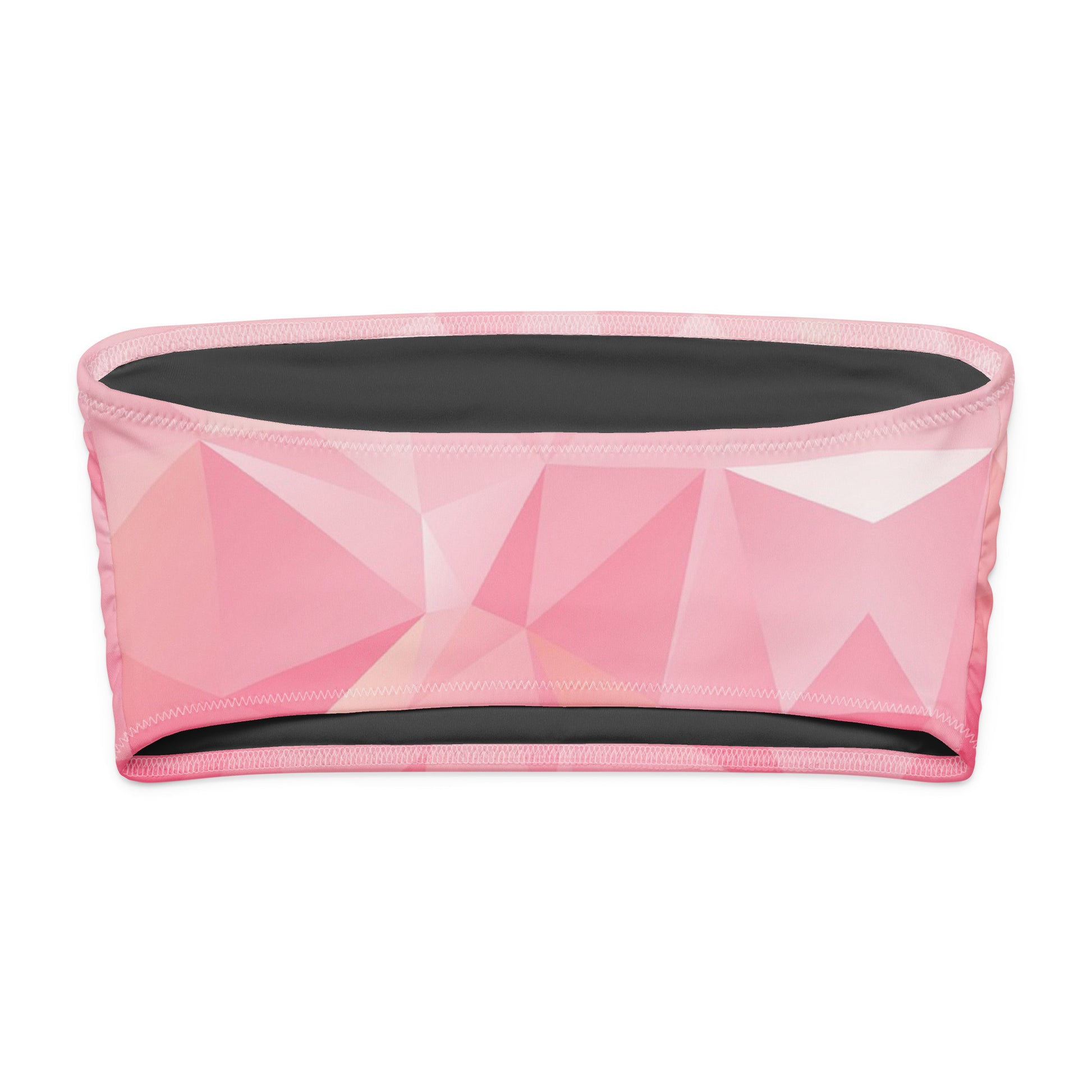 Back of bandeau bikini top with pink geometric pattern.
