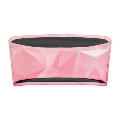 Back of bandeau bikini top with pink geometric pattern.