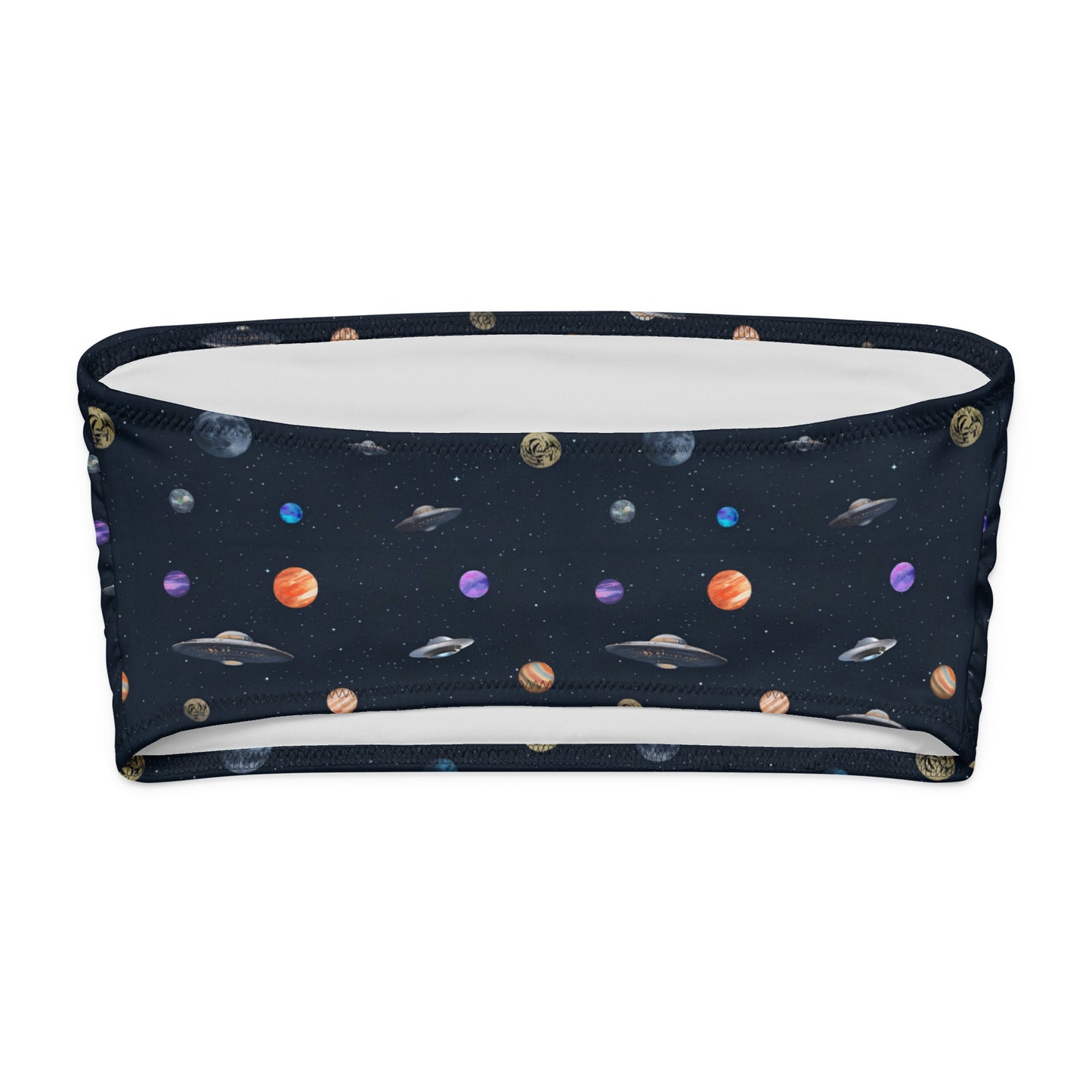 Bikini top with pattern of UFOs and planets in space.