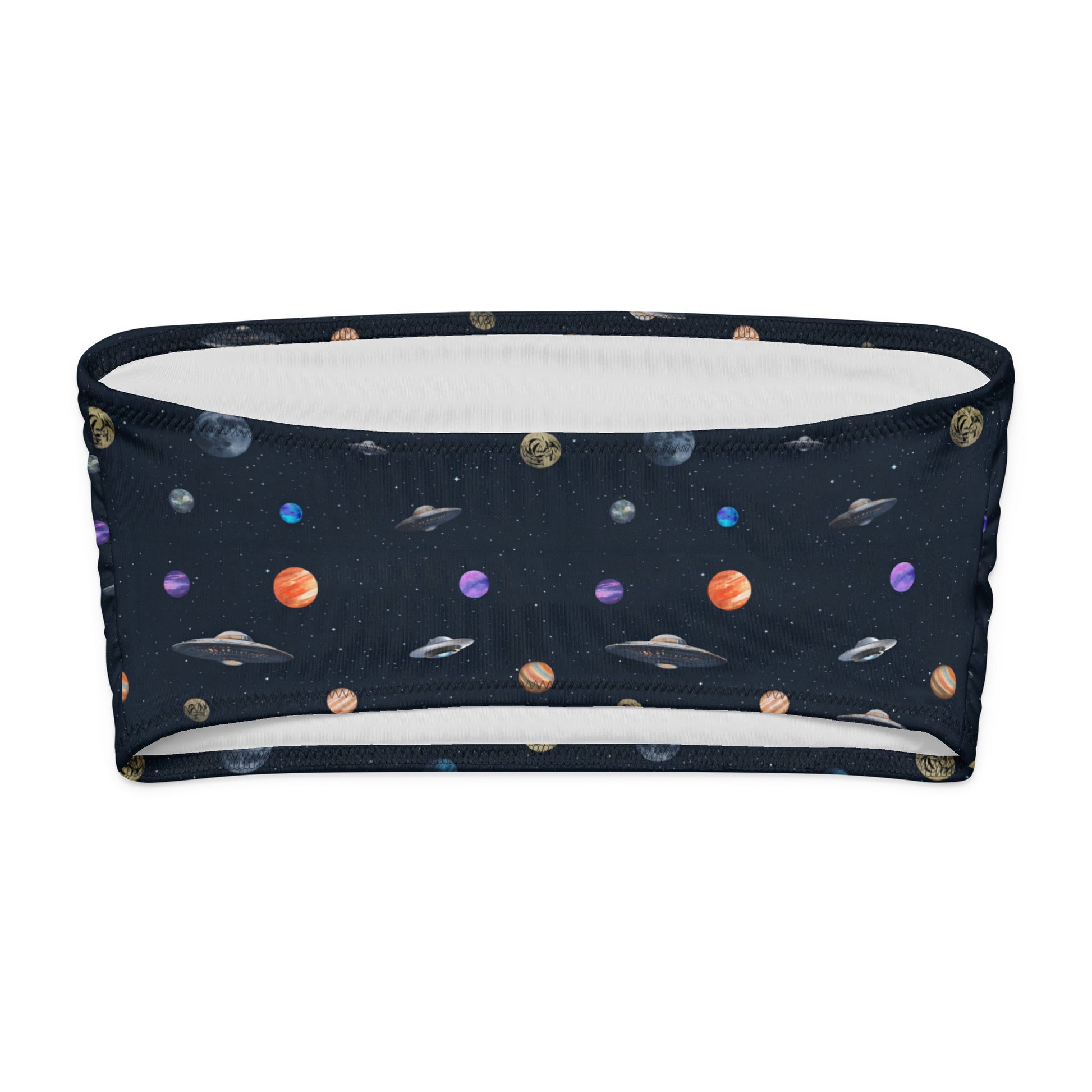 Bikini top with pattern of UFOs and planets in space.