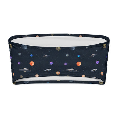Bikini top with pattern of UFOs and planets in space.