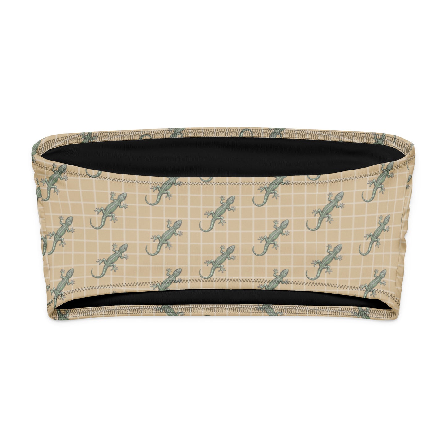 Beige bikini top with pattern of green geckos.