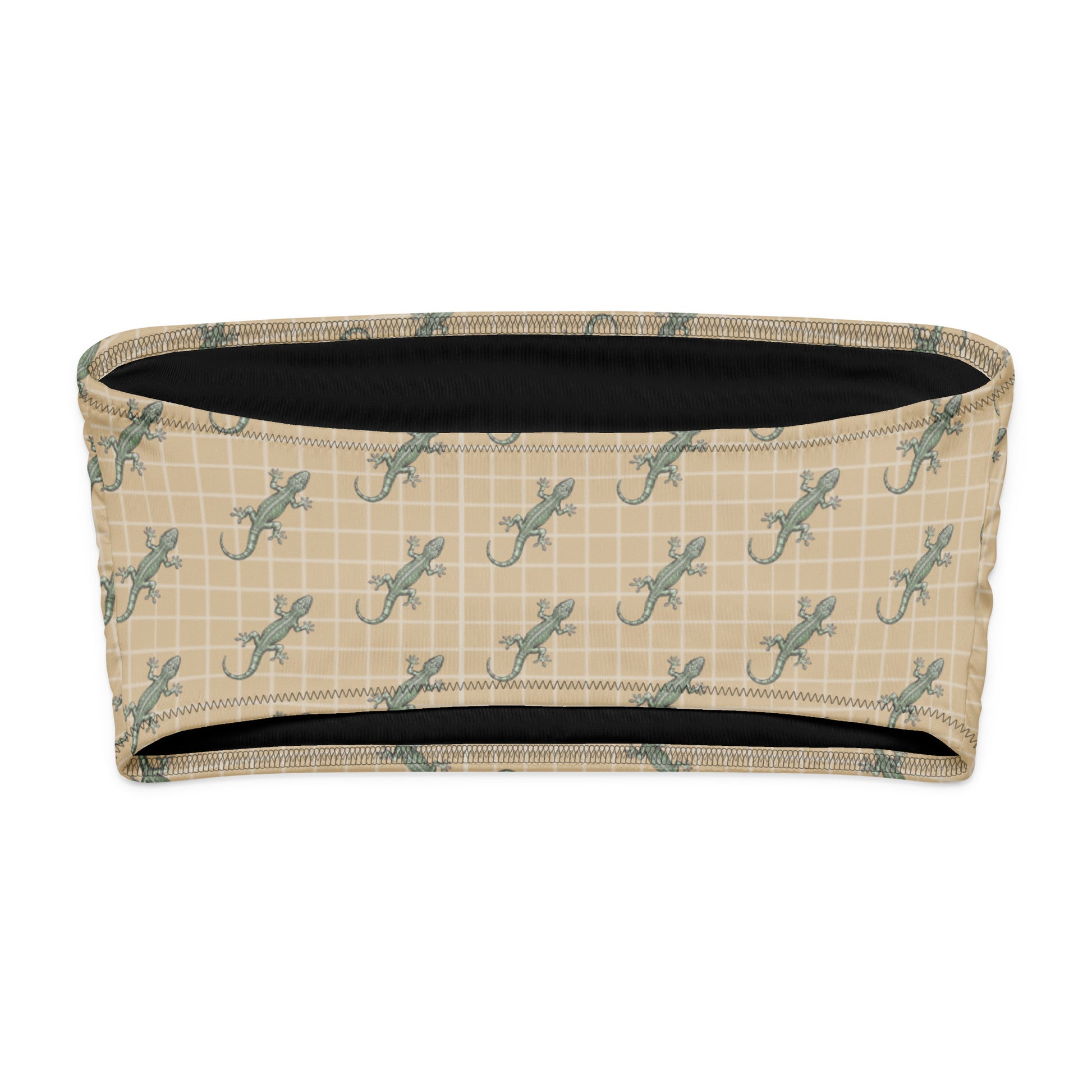 Beige bikini top with pattern of green geckos.