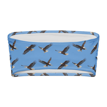 Blue bandeau bikini top with pattern of bald eagles.