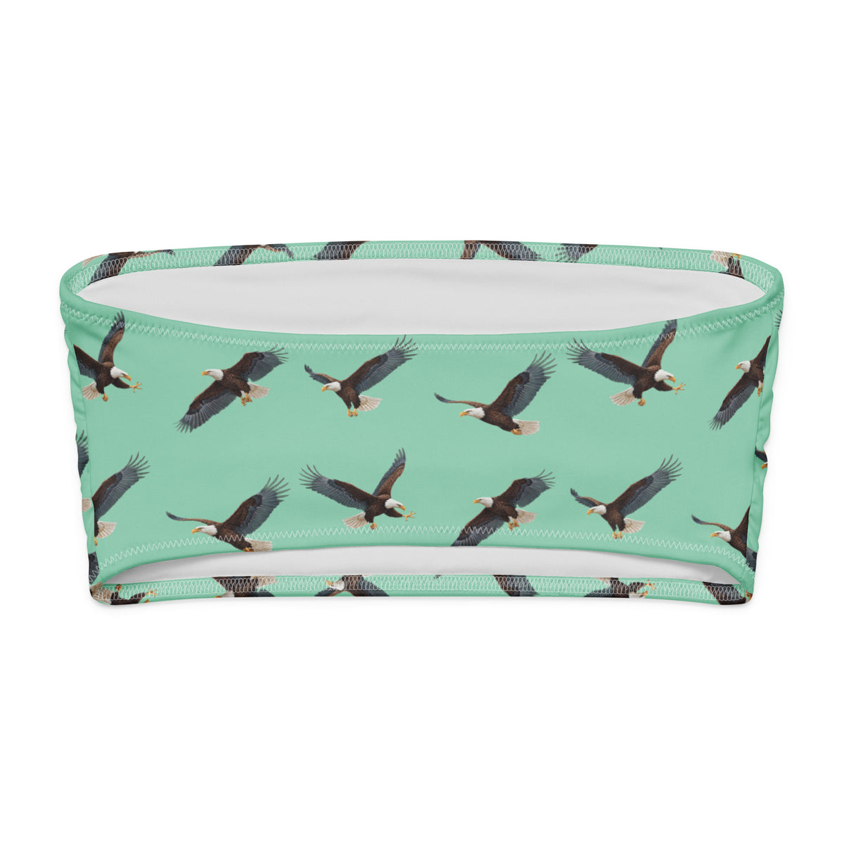 Green bandeau bikini top with pattern of bald eagles.