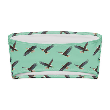 Green bandeau bikini top with pattern of bald eagles.