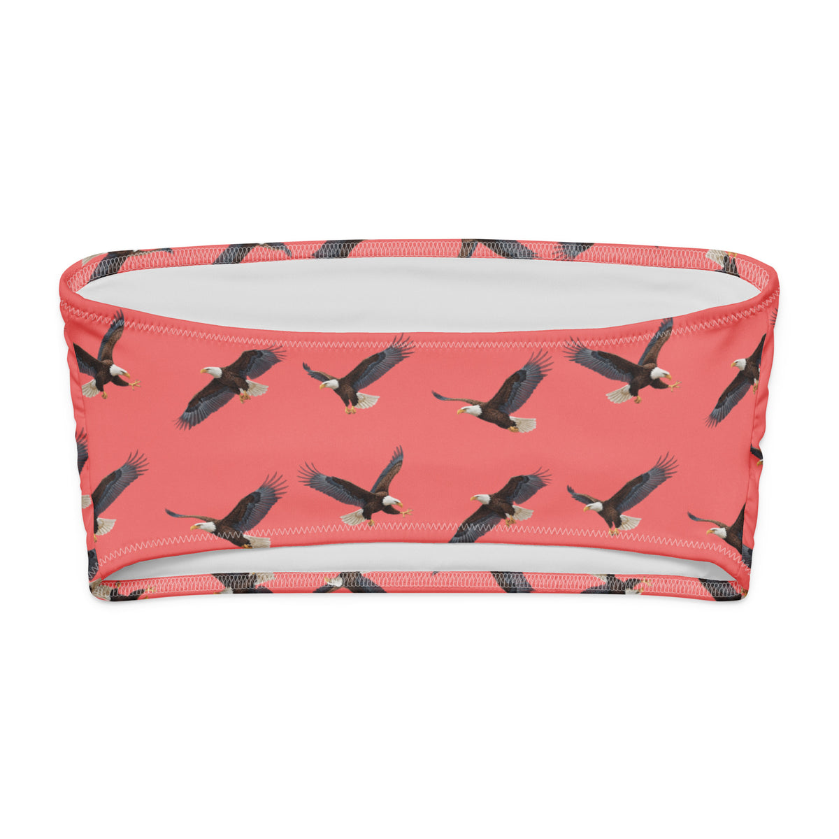 Red bandeau bikini top with pattern of bald eagles.