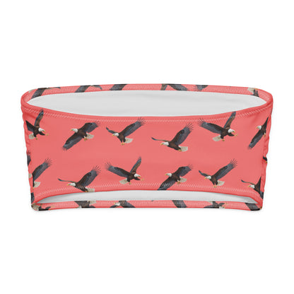 Red bandeau bikini top with pattern of bald eagles.