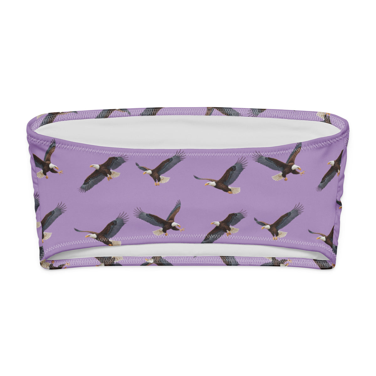 Purple bandeau bikini top with pattern of bald eagles.