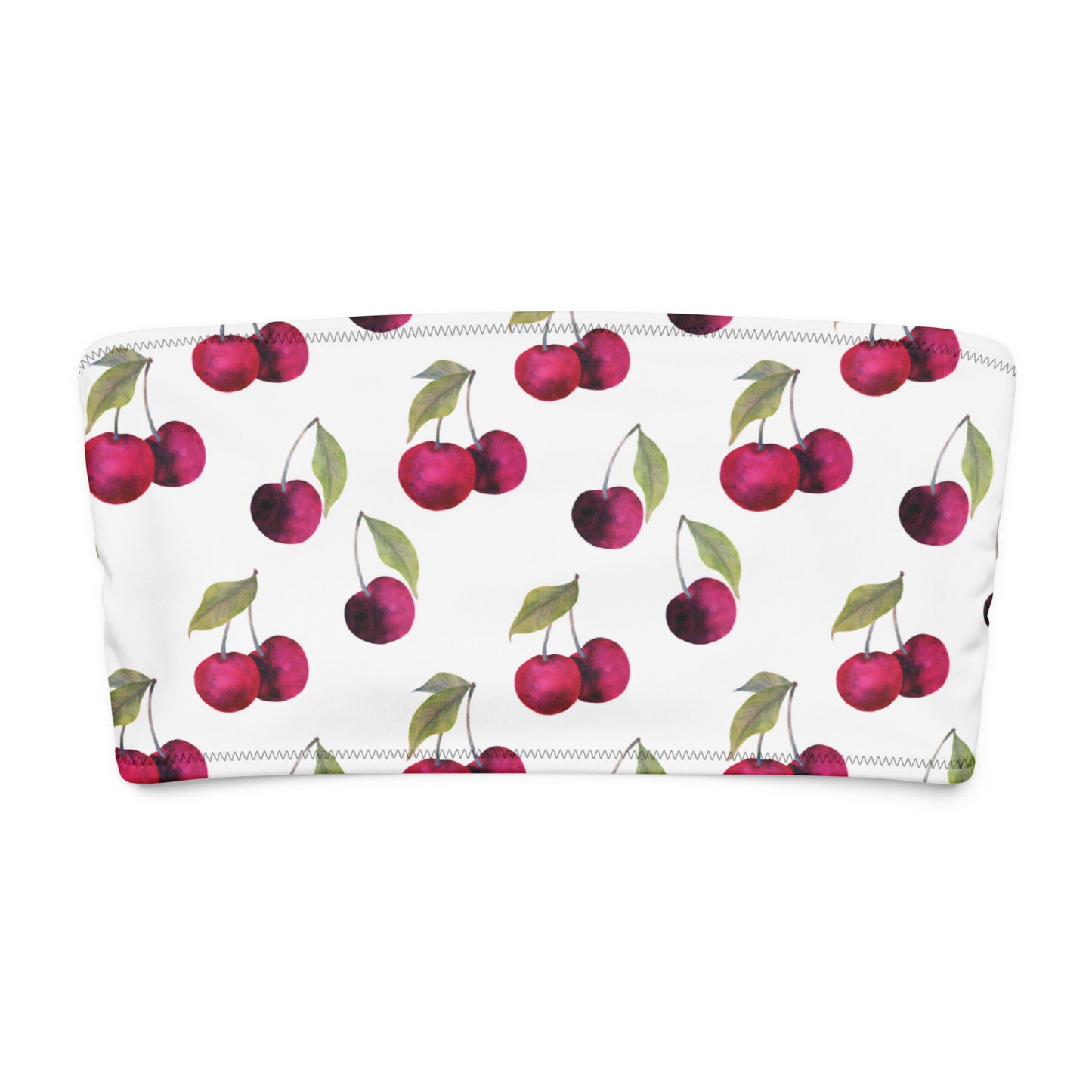 White bandeau bikini top with all-over cherries design.