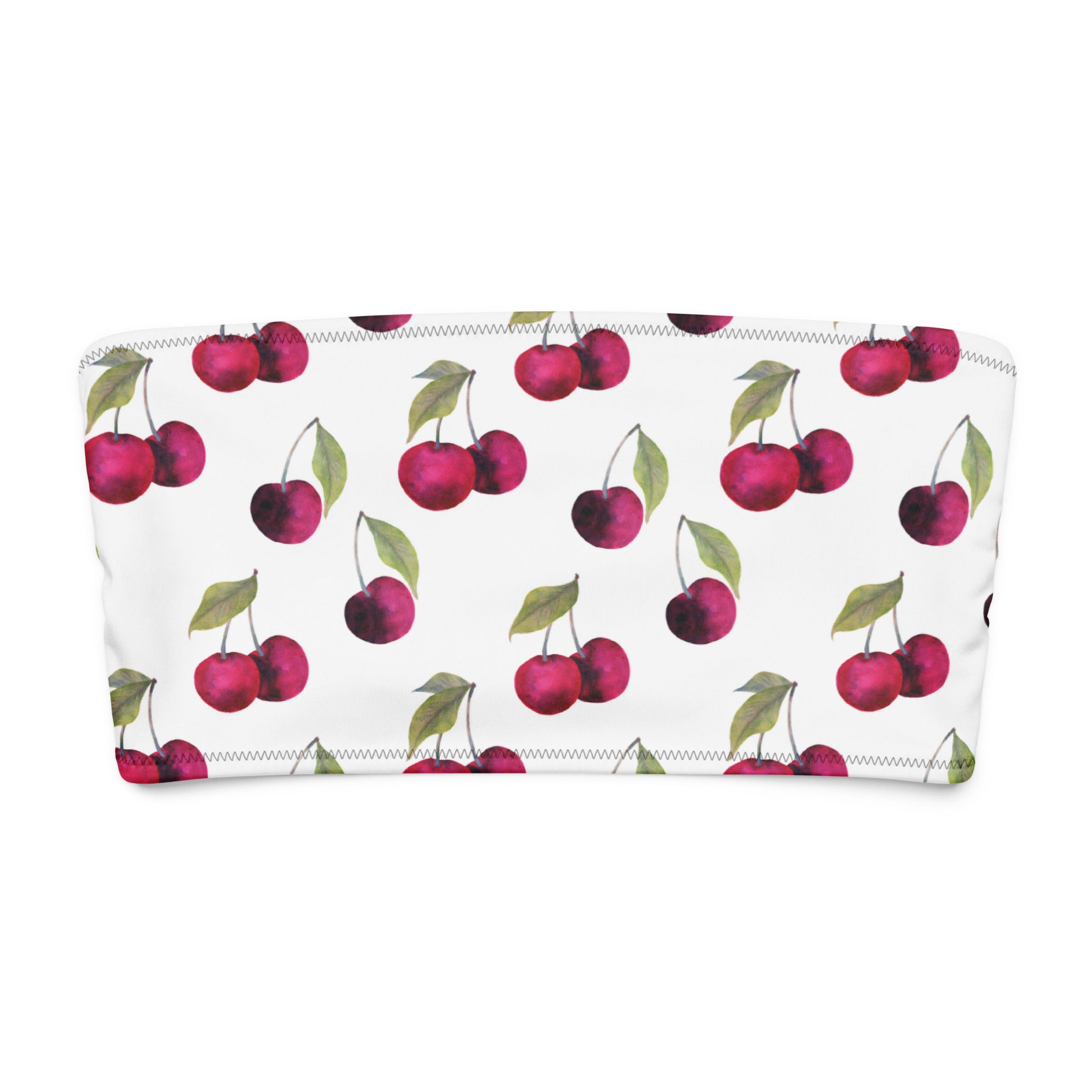 White bandeau bikini top with all-over cherries design.