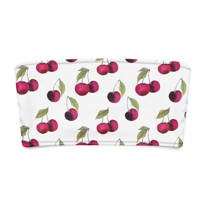White bandeau bikini top with all-over cherries design.