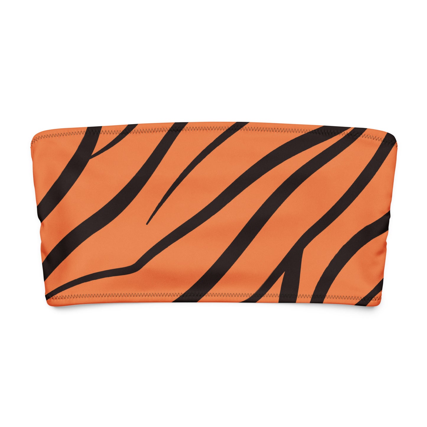 Bandeau bikini top with a tiger skin pattern.