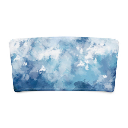 Bandeau bikini top with a blue-white, watercolor-like design.