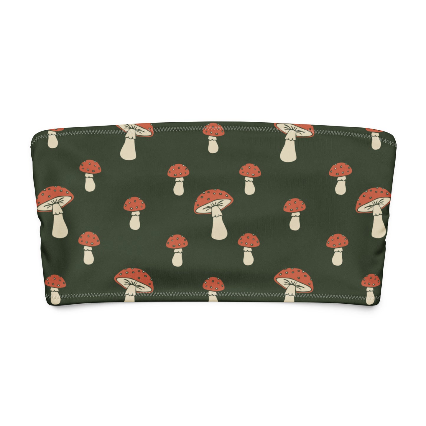 Bandeau bikini top with all-over design of mushrooms set on a dark-green background.