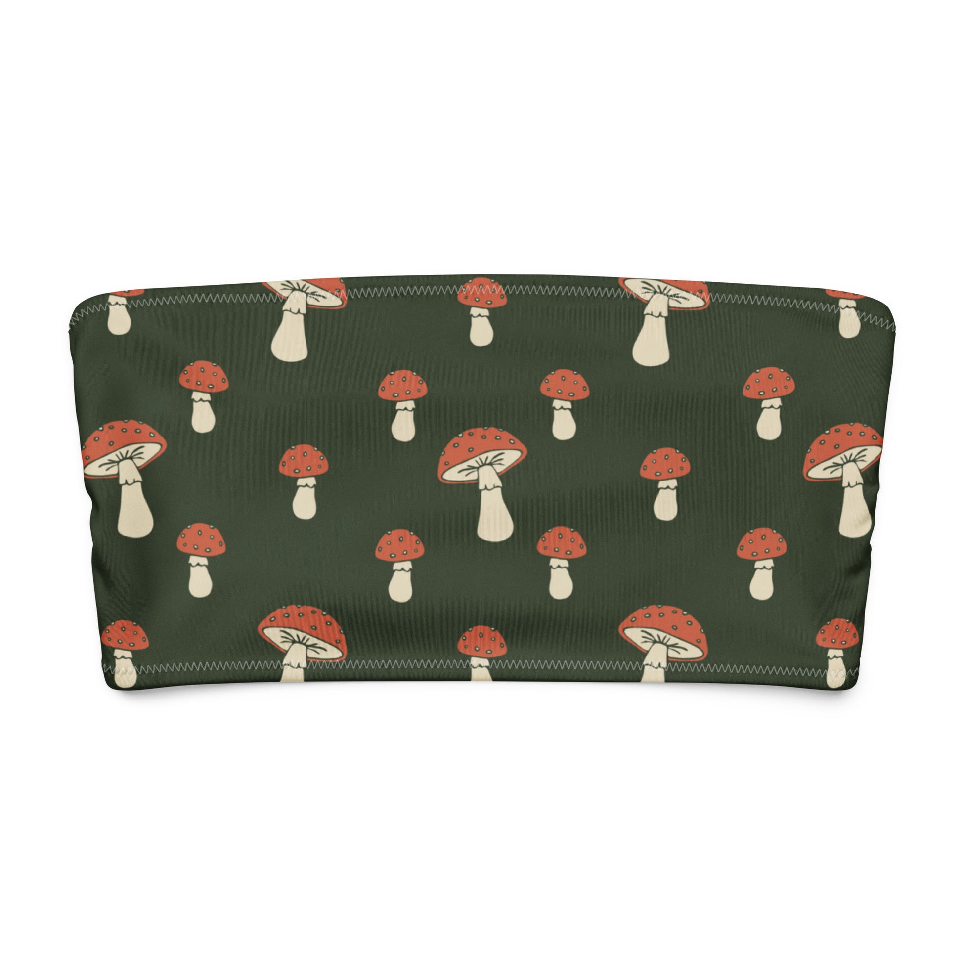 Bandeau bikini top with all-over design of mushrooms set on a dark-green background.