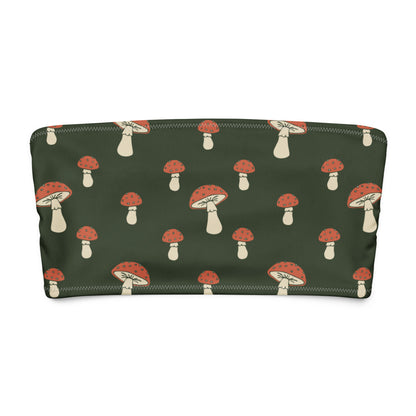 Bandeau bikini top with all-over design of mushrooms set on a dark-green background.