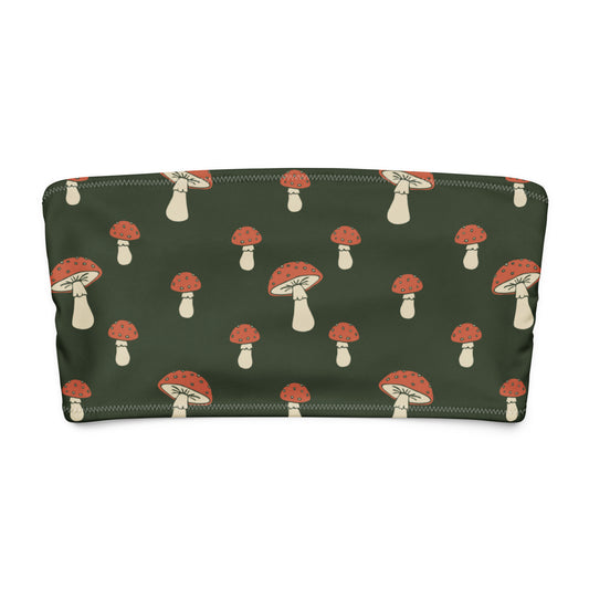 Bandeau bikini top with all-over design of mushrooms set on a dark-green background.