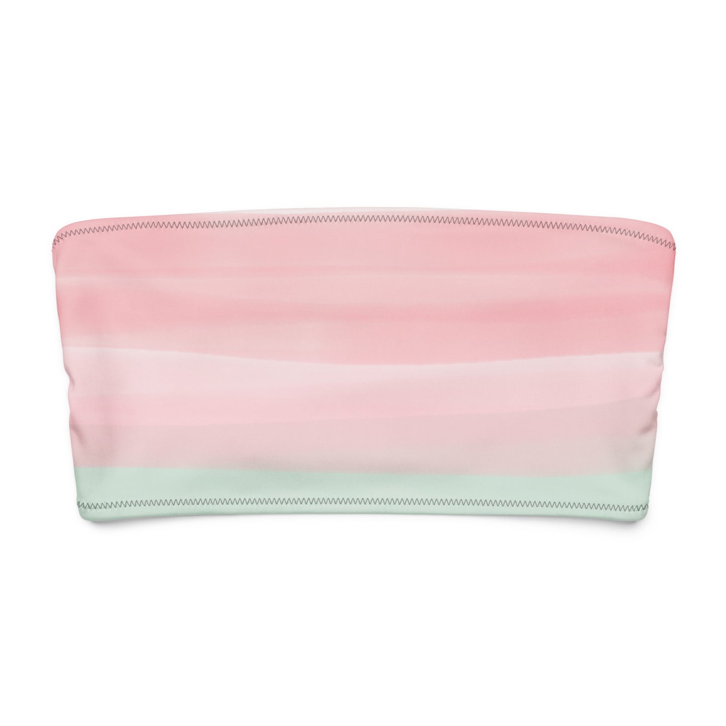 Bandeau bikini top with colors light pastel green, shades of pink, in stripes and in a watercolor style.