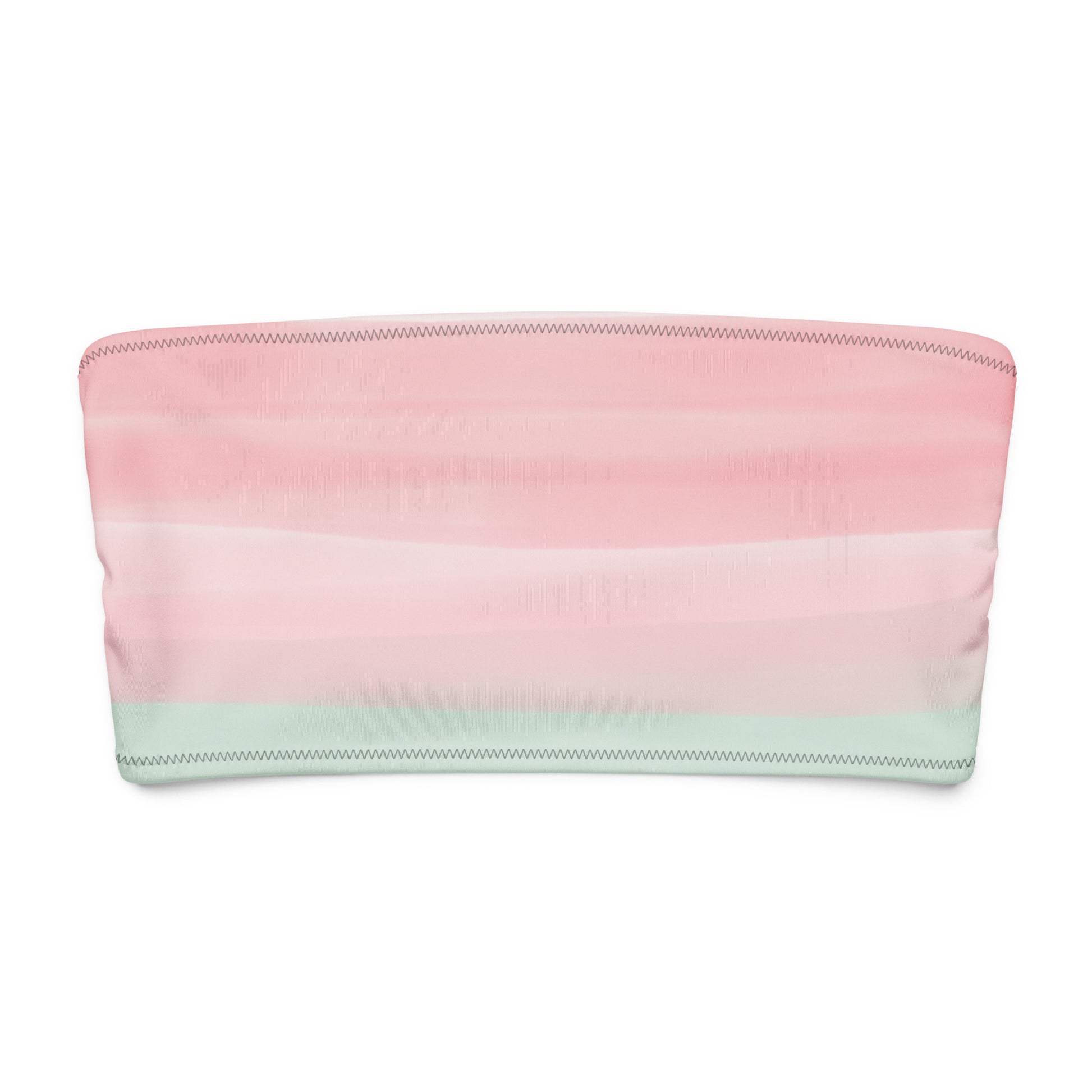 Bandeau bikini top with colors light pastel green, shades of pink, in stripes and in a watercolor style.