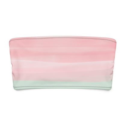 Bandeau bikini top with colors light pastel green, shades of pink, in stripes and in a watercolor style.