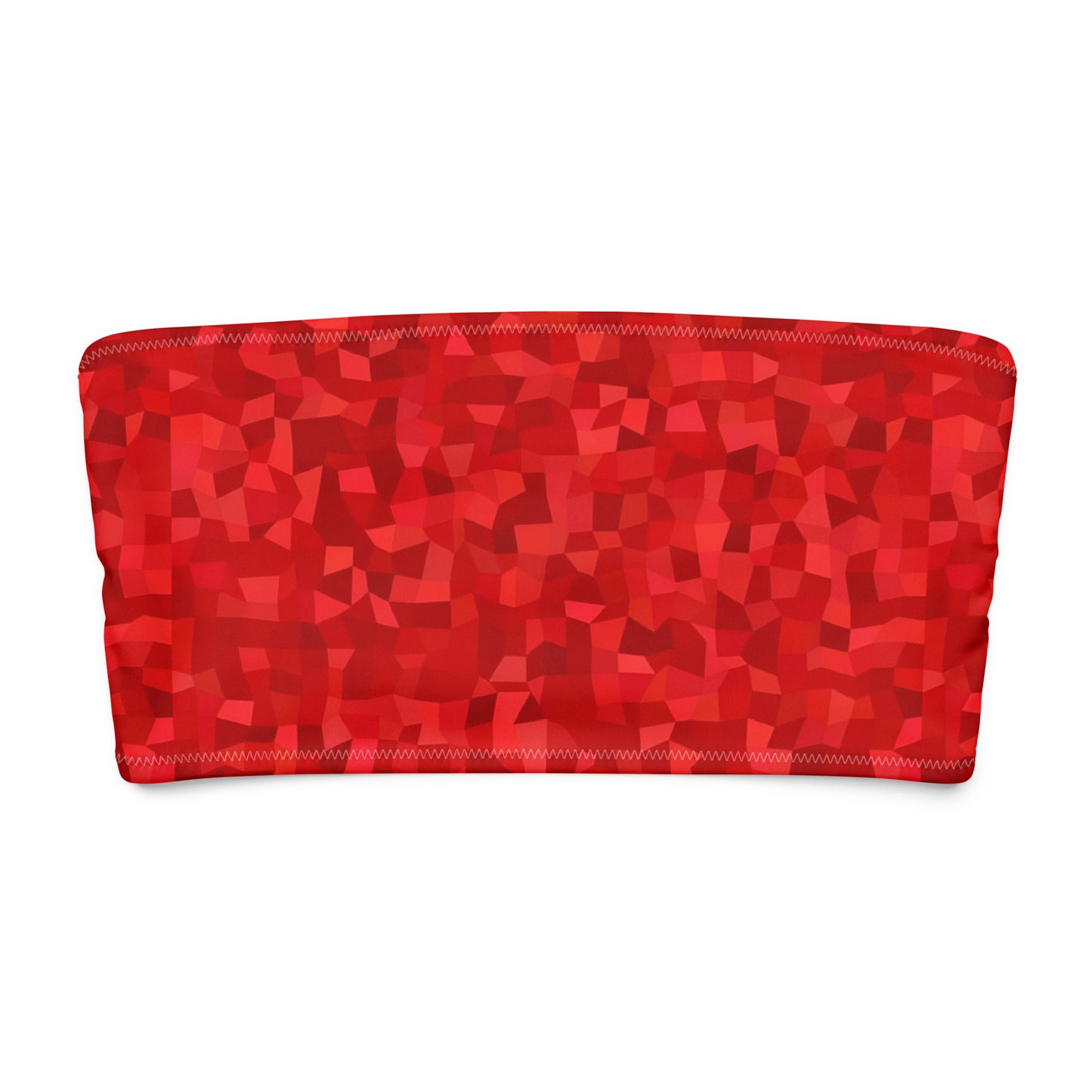 Bandeau bikini top with red geometric pattern.