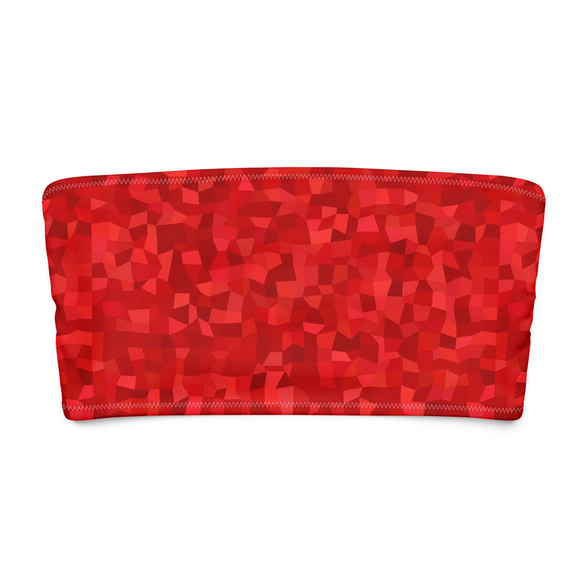 Bandeau bikini top with red geometric pattern.