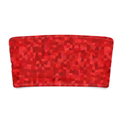 Bandeau bikini top with red geometric pattern.