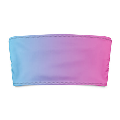 Bandeau bikini top with a blue-to-pink color pattern.