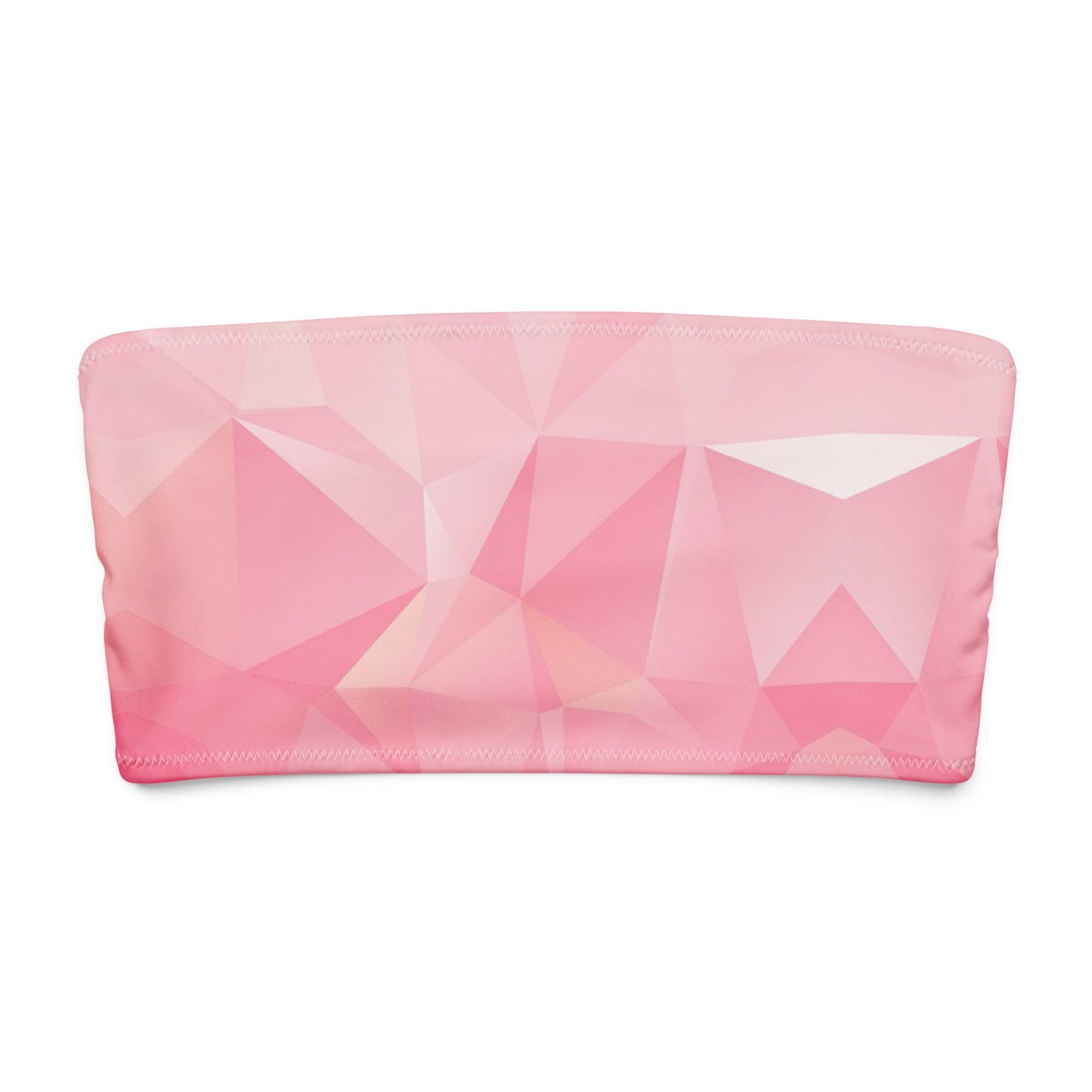 Bandeau bikini top with pink geometric pattern.