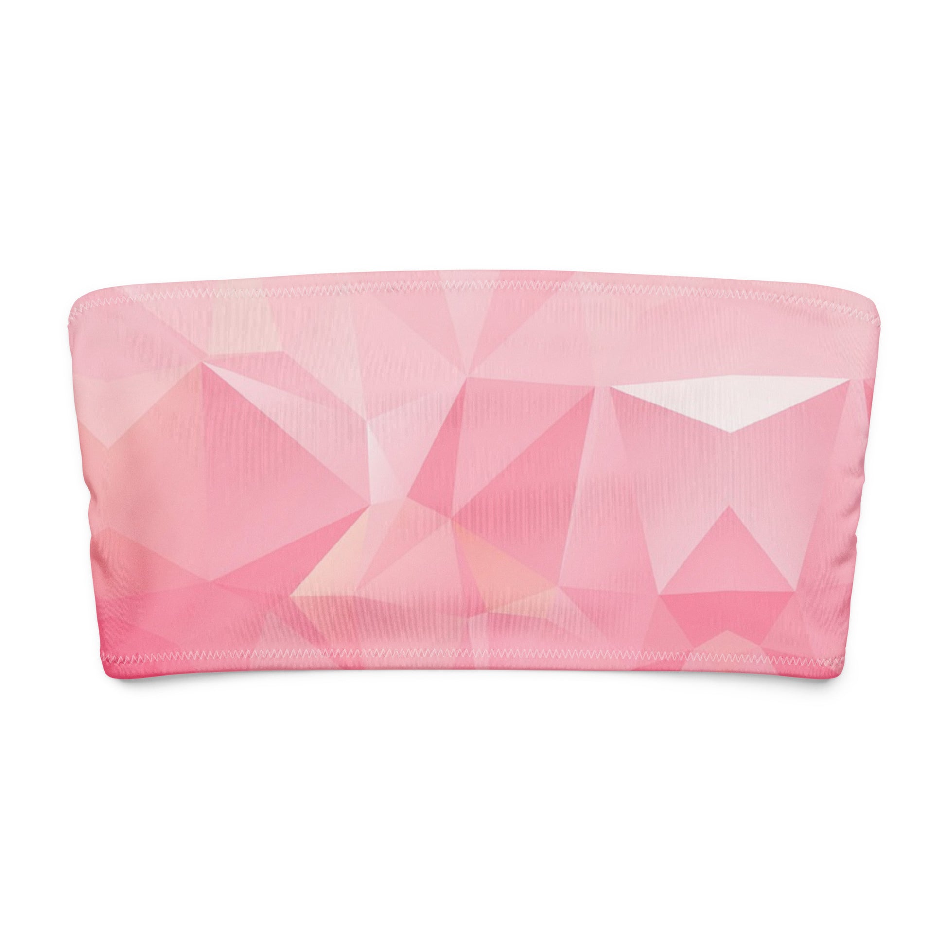 Bandeau bikini top with pink geometric pattern.