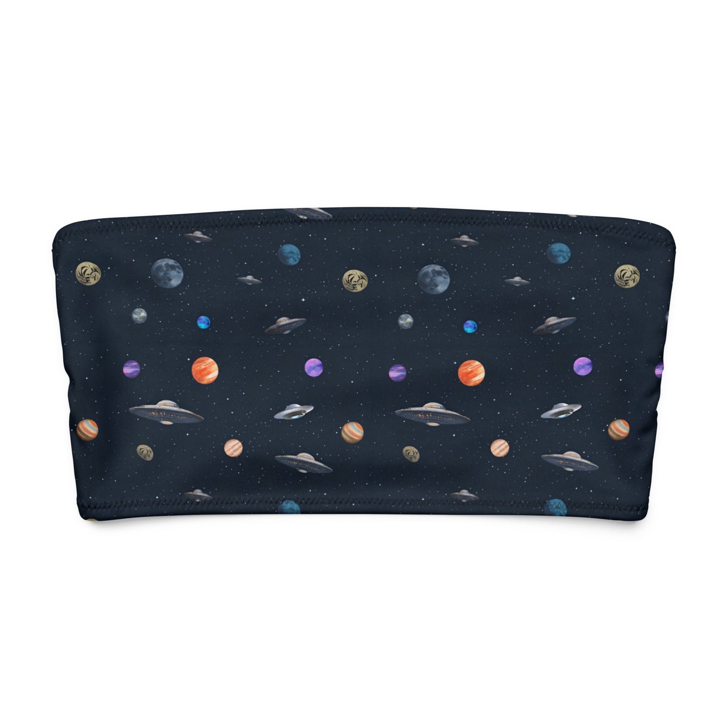 Bikini top with pattern of UFOs and planets in space.