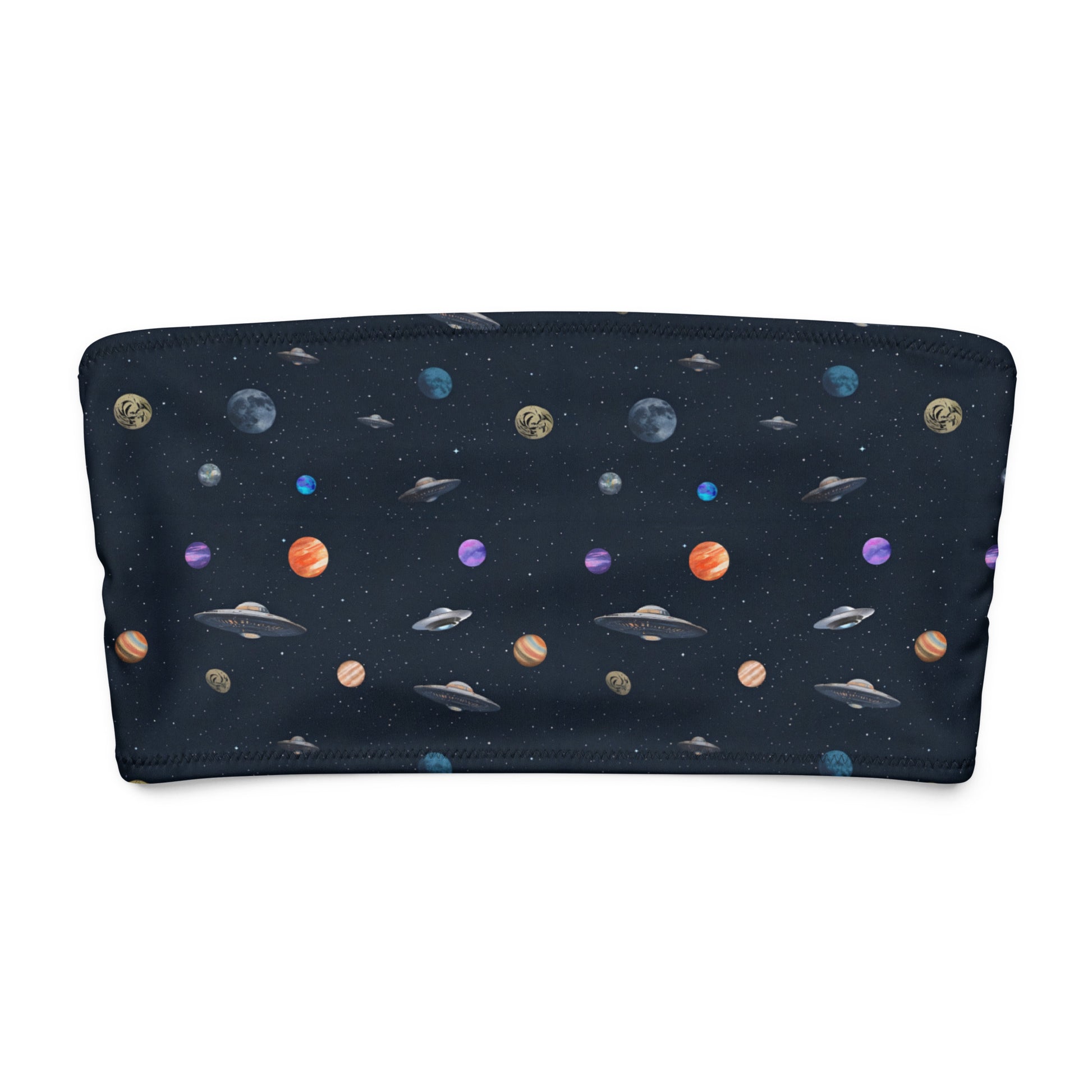 Bikini top with pattern of UFOs and planets in space.