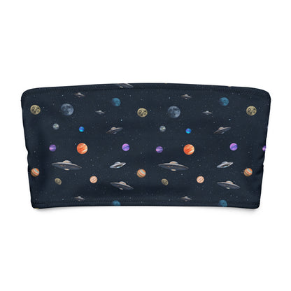 Bikini top with pattern of UFOs and planets in space.