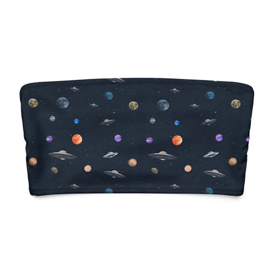 Bikini top with pattern of UFOs and planets in space.