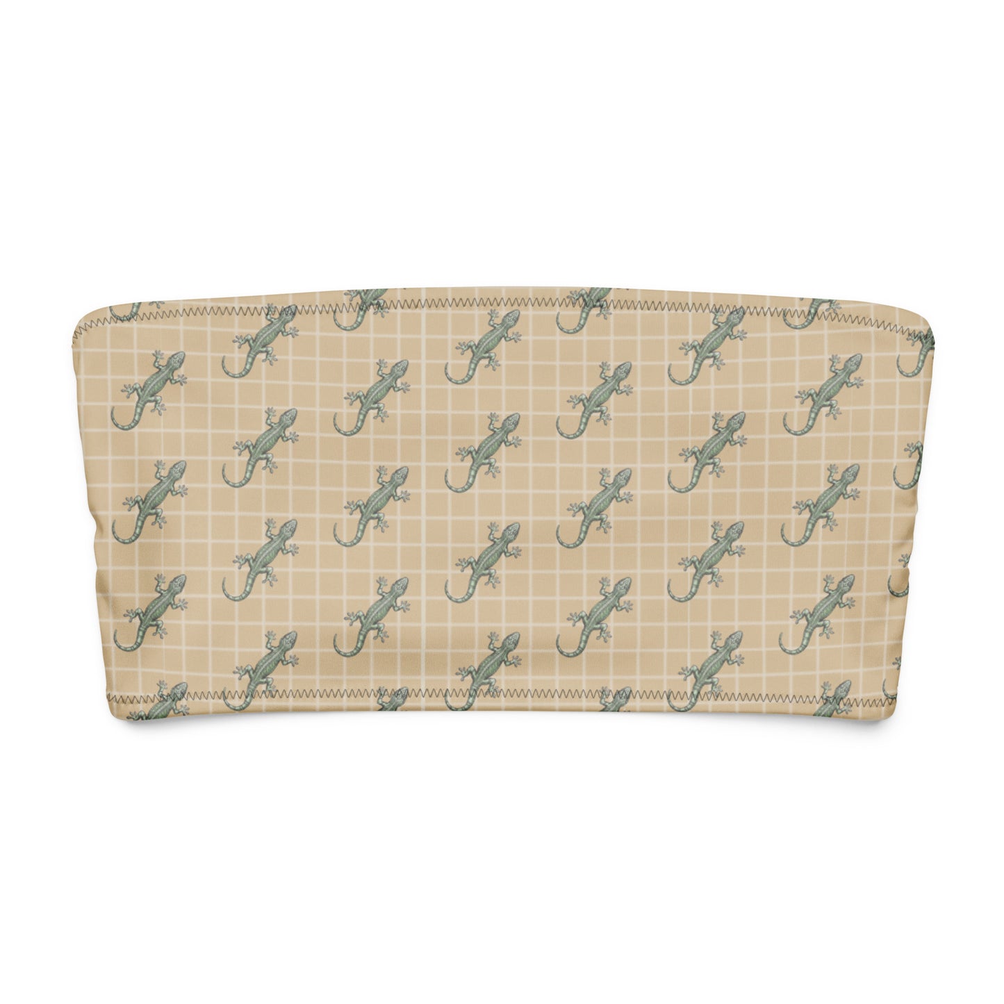 Beige bikini top with pattern of green geckos.