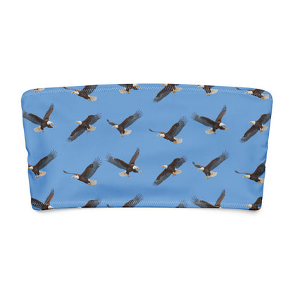 Blue bandeau bikini top with pattern of bald eagles.
