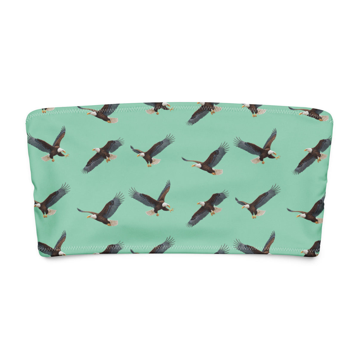 Green bandeau bikini top with pattern of bald eagles.