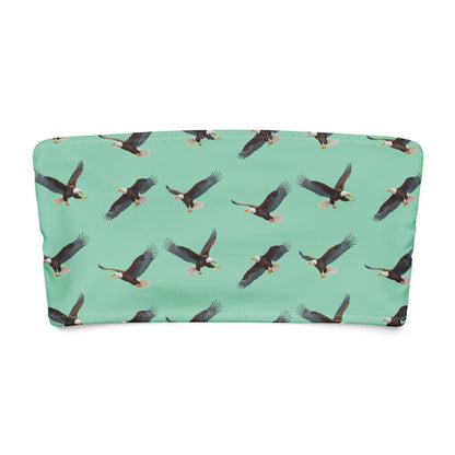 Green bandeau bikini top with pattern of bald eagles.