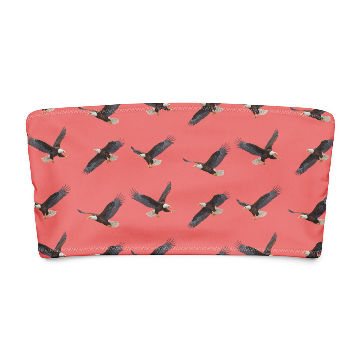 Red bandeau bikini top with pattern of bald eagles.