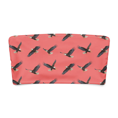 Red bandeau bikini top with pattern of bald eagles.