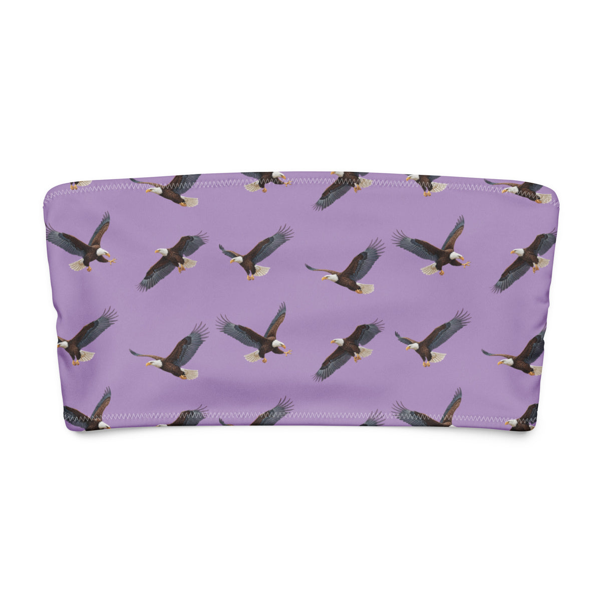 Purple bandeau bikini top with pattern of bald eagles.