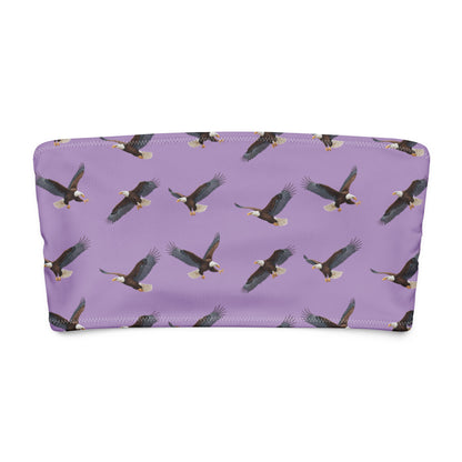 Purple bandeau bikini top with pattern of bald eagles.